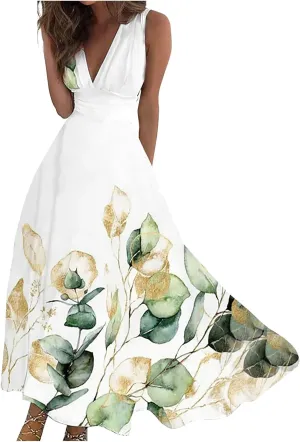 FlekmanArt Womens Dresses Sleeveless Wrap V Neck Beach Dress Flowy Ruched Floral Print Maxi Dress Trendy Boho Dress