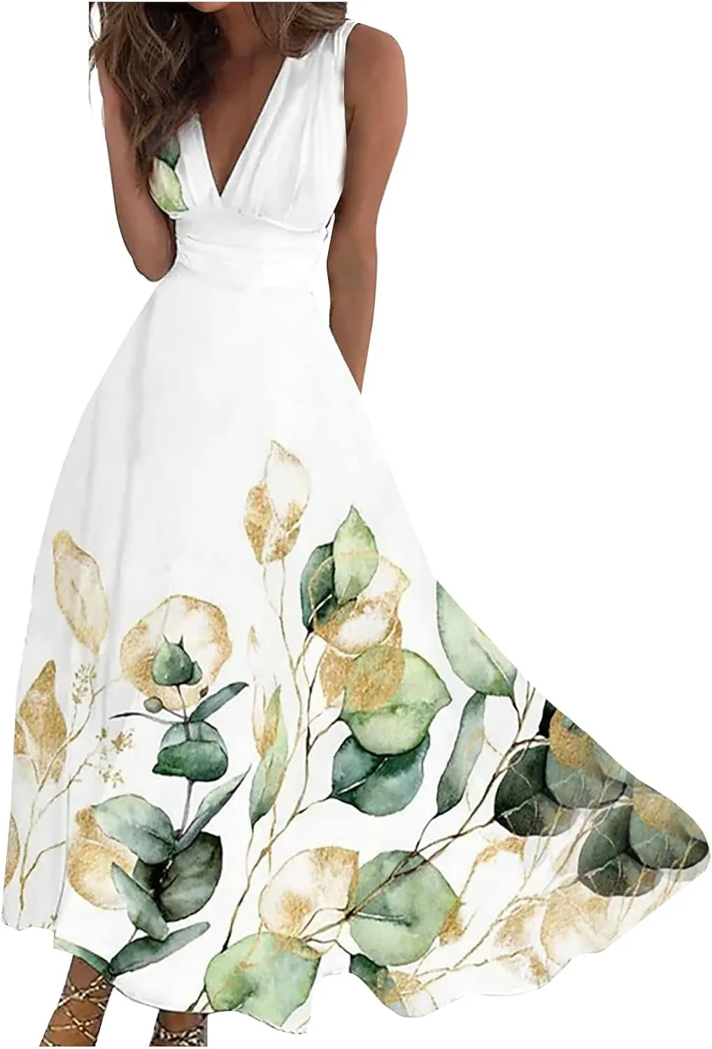 FlekmanArt Womens Dresses Sleeveless Wrap V Neck Beach Dress Flowy Ruched Floral Print Maxi Dress Trendy Boho Dress
