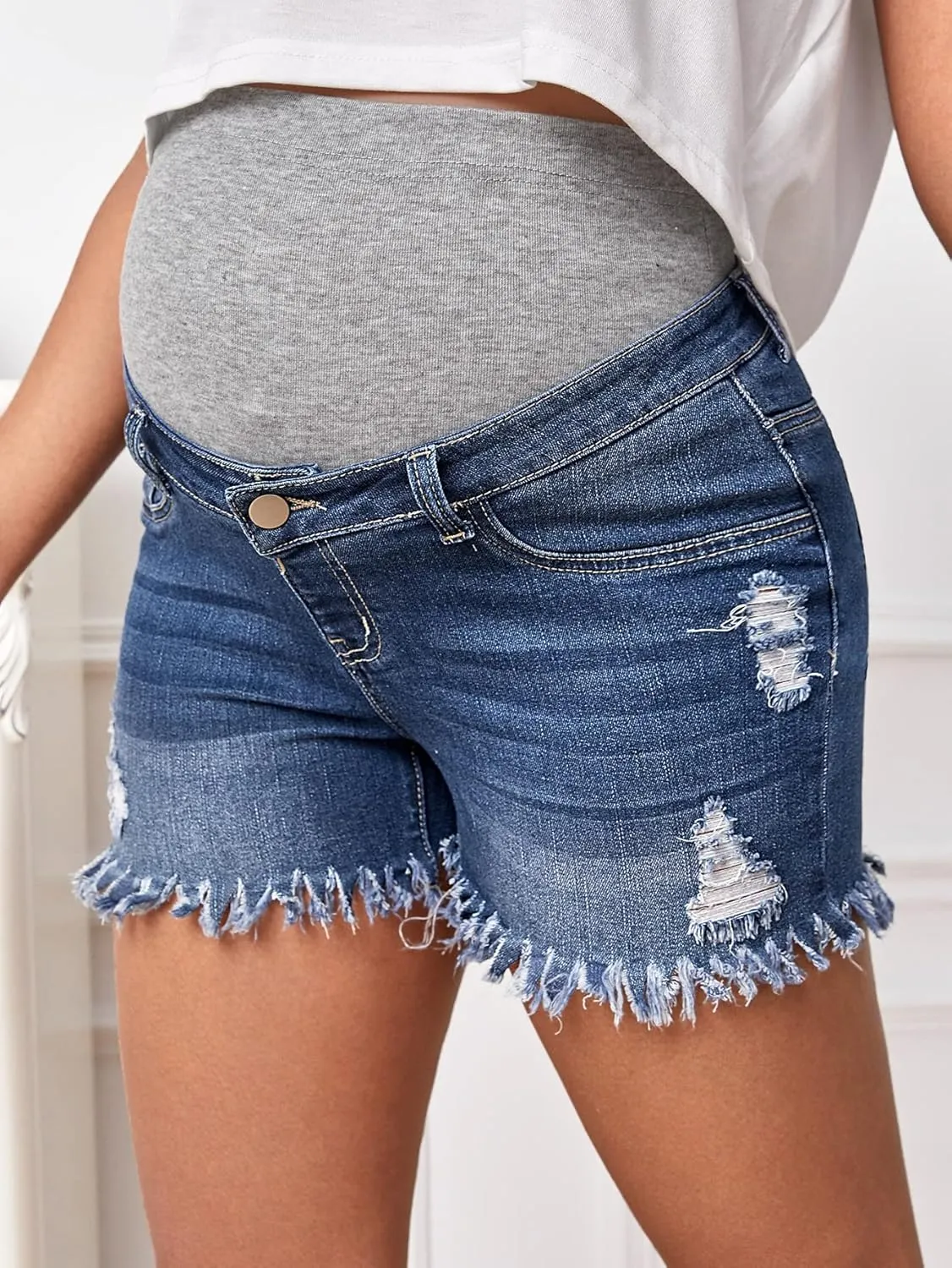 Floerns Women's Maternity Ripped Roll Hem Jeans Pregnant Denim Shorts