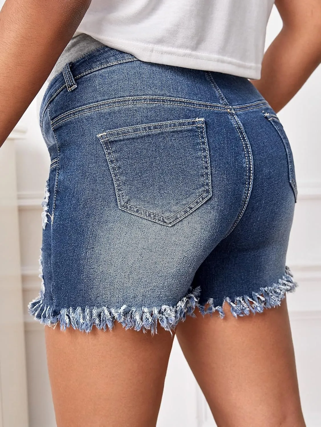 Floerns Women's Maternity Ripped Roll Hem Jeans Pregnant Denim Shorts