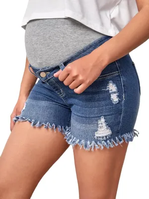 Floerns Women's Maternity Ripped Roll Hem Jeans Pregnant Denim Shorts
