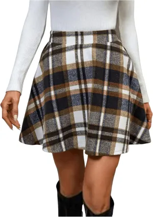 Floerns Women's Plaid High Waisted A Line Skirt Ruffle Hem Pleated Skirts