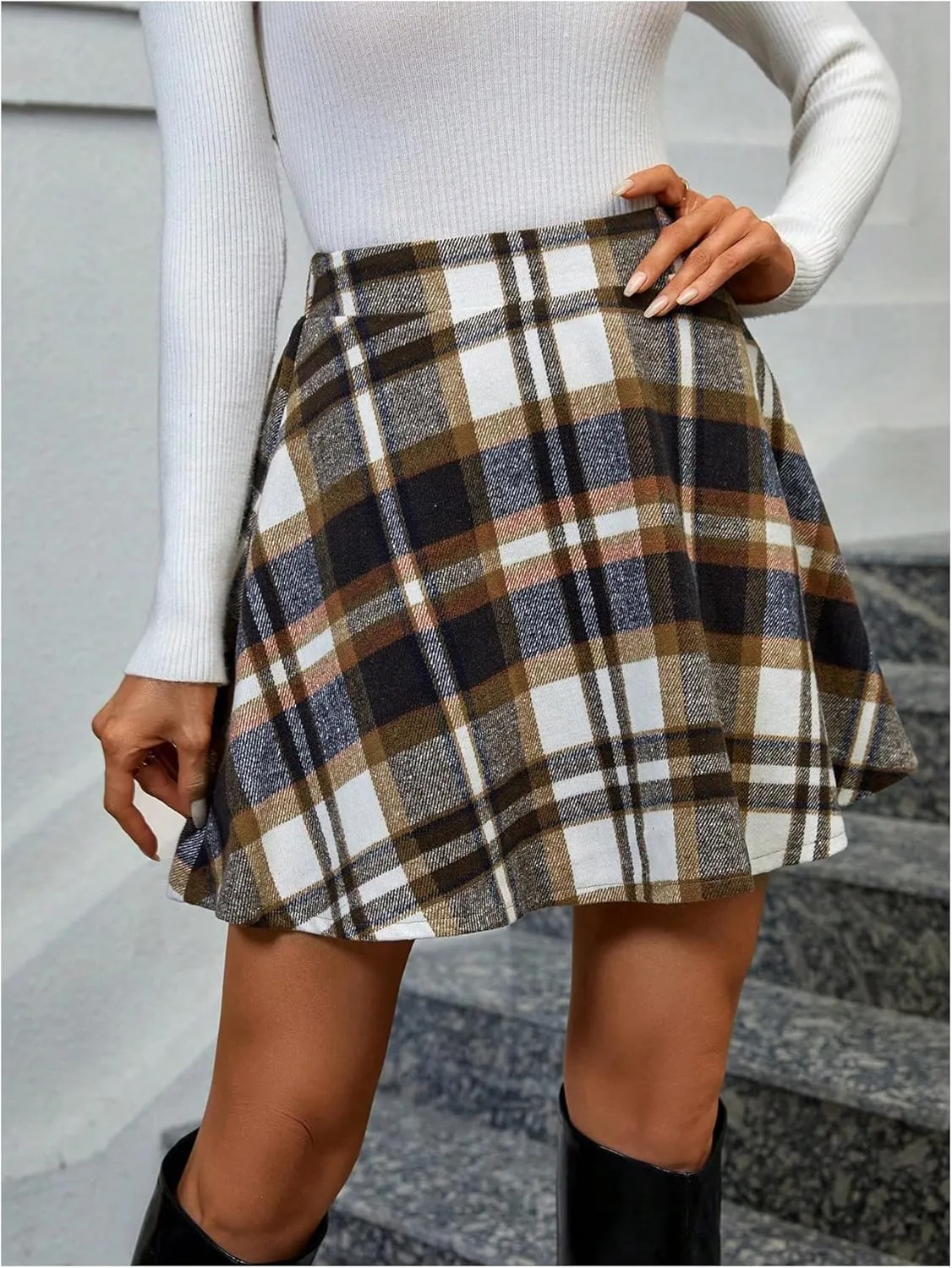 Floerns Women's Plaid High Waisted A Line Skirt Ruffle Hem Pleated Skirts