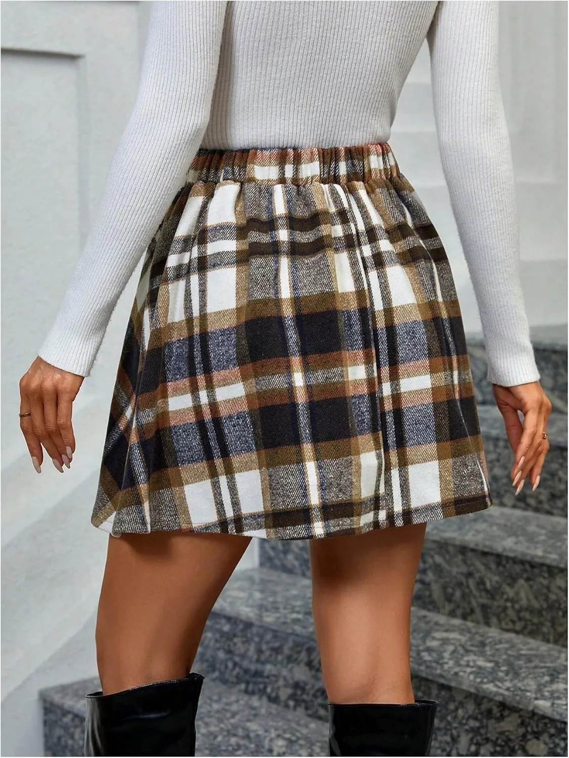 Floerns Women's Plaid High Waisted A Line Skirt Ruffle Hem Pleated Skirts