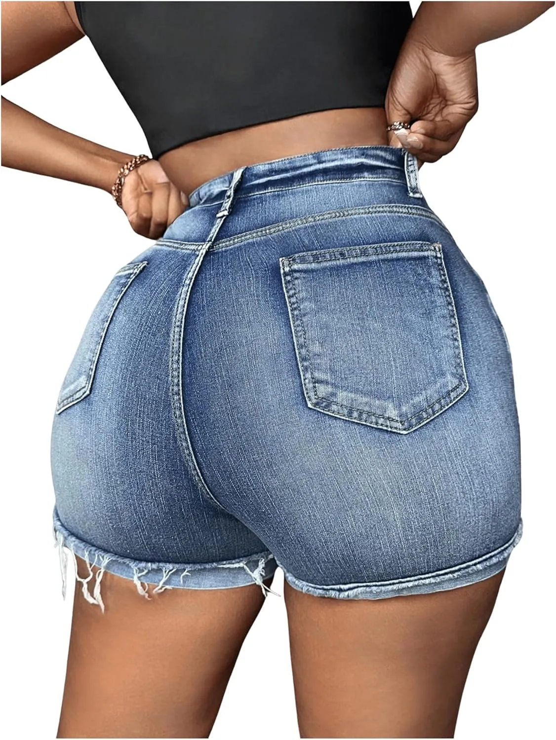 Floerns Women's Stretchy High Waisted Folded Hem Denim Shorts