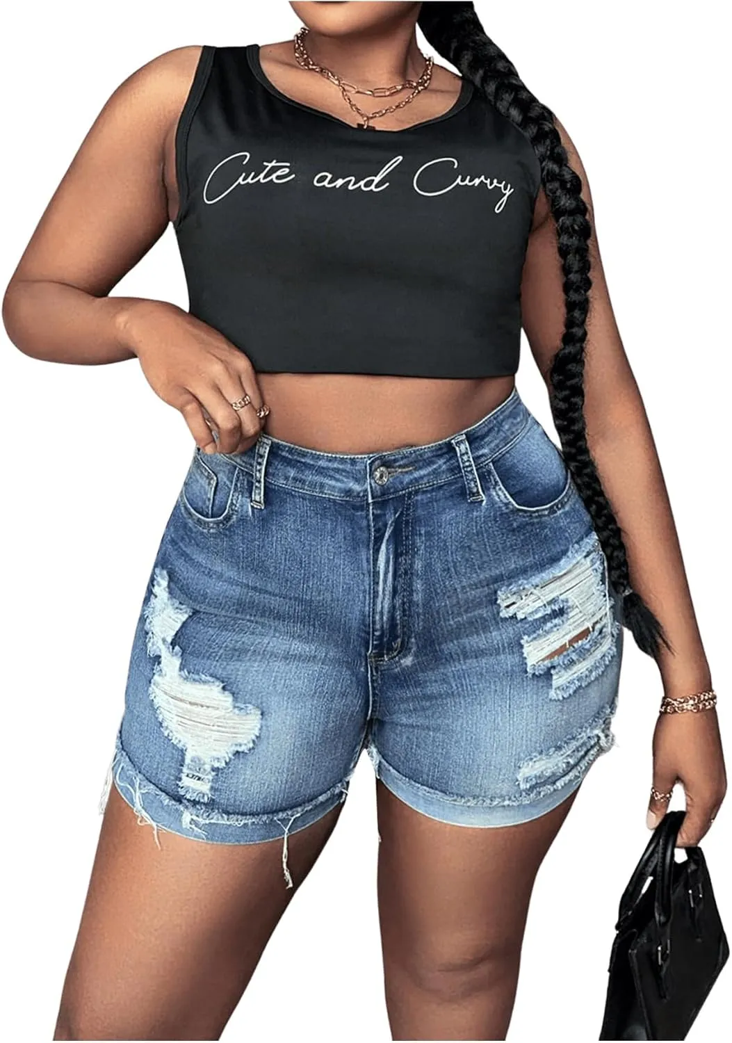 Floerns Women's Stretchy High Waisted Folded Hem Denim Shorts