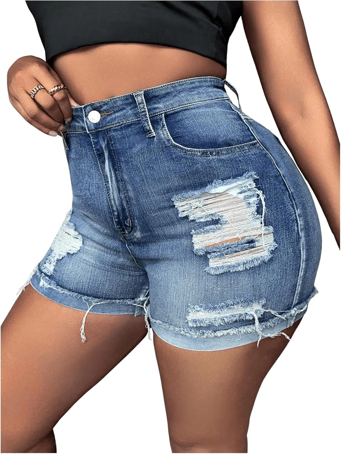 Floerns Women's Stretchy High Waisted Folded Hem Denim Shorts