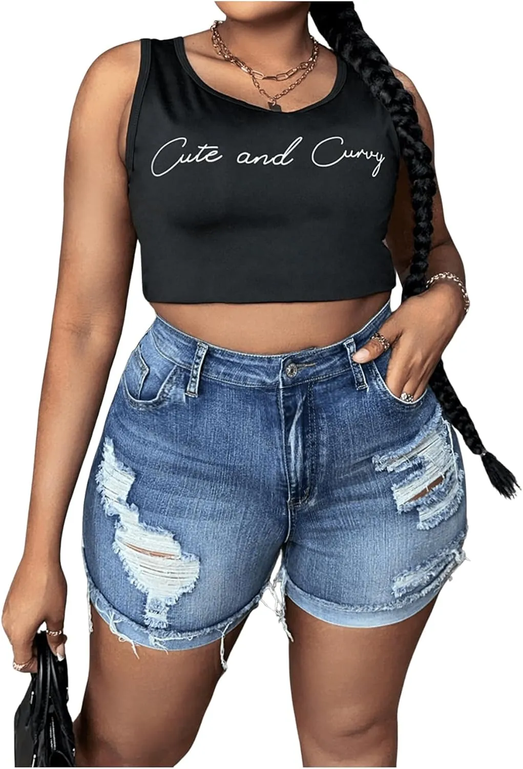 Floerns Women's Stretchy High Waisted Folded Hem Denim Shorts