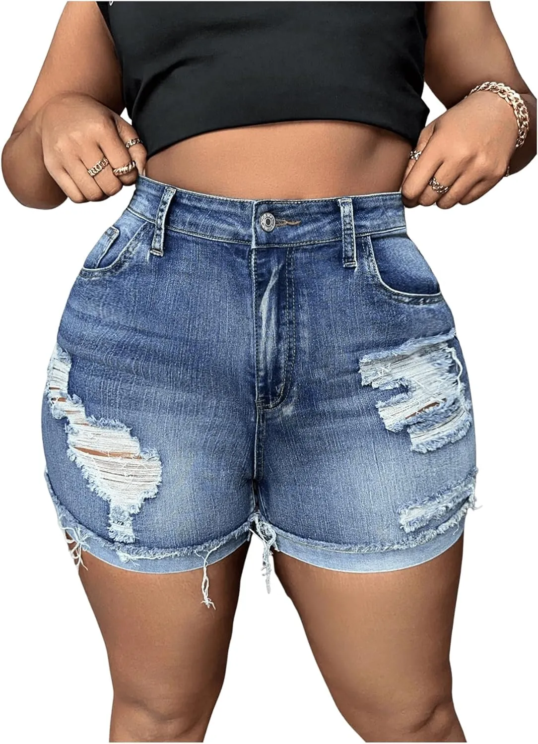 Floerns Women's Stretchy High Waisted Folded Hem Denim Shorts