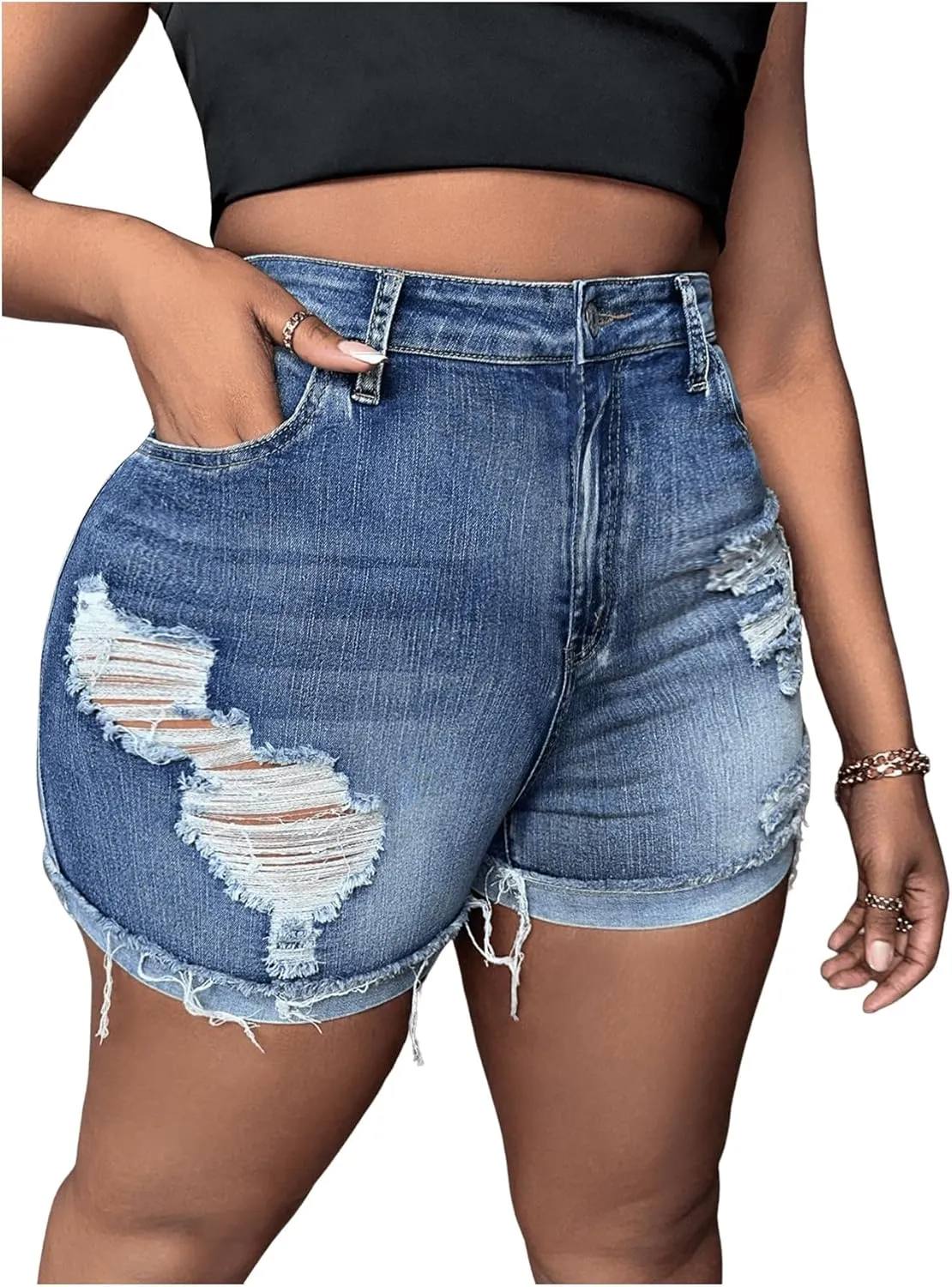 Floerns Women's Stretchy High Waisted Folded Hem Denim Shorts