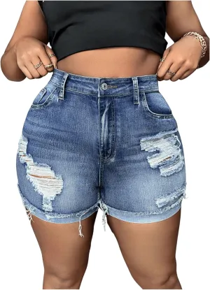 Floerns Women's Stretchy High Waisted Folded Hem Denim Shorts