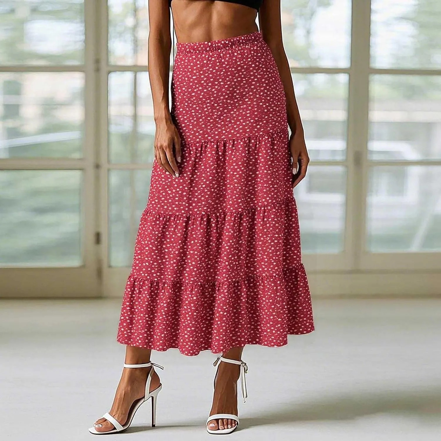 Floral Boho Maxi Skirts for Women 2025 Summer Vacation Elastic High Waisted Flowy A-Line Swing Skirt
