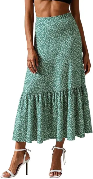 Floral Boho Maxi Skirts for Women 2025 Summer Vacation Elastic High Waisted Flowy A-Line Swing Skirt