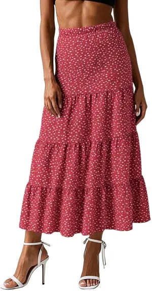 Floral Boho Maxi Skirts for Women 2025 Summer Vacation Elastic High Waisted Flowy A-Line Swing Skirt