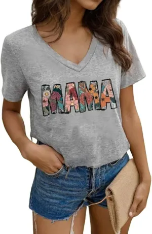 Floral Mama V Neck T-Shirt for Women Retro Mom Shirt Boho Spring Wild Flowers Graphic Short Sleeve Tops Mother's Day Tee