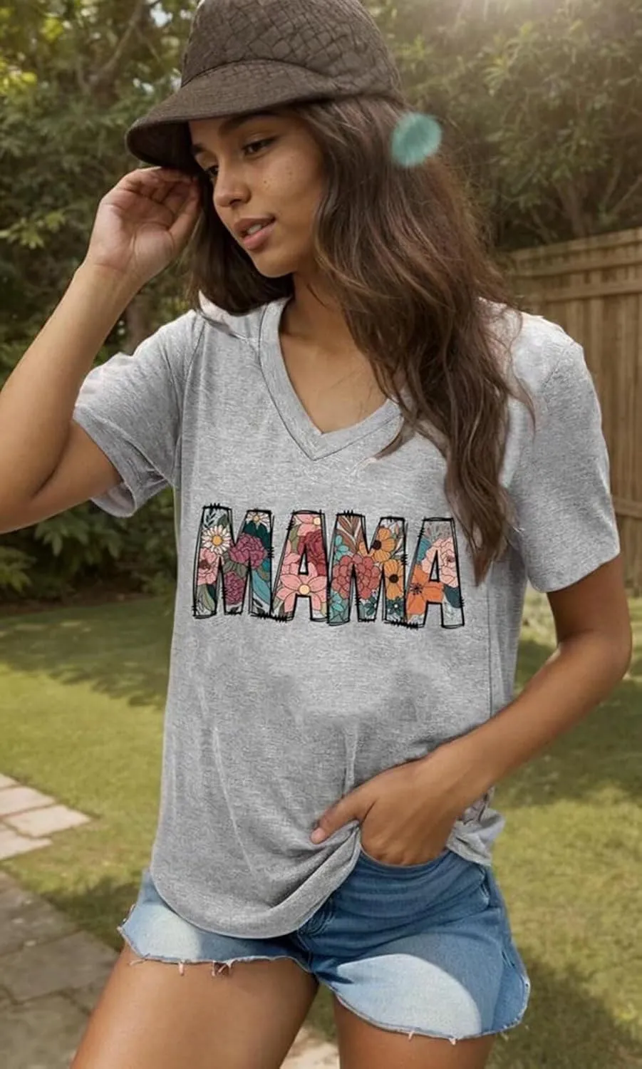 Floral Mama V Neck T-Shirt for Women Retro Mom Shirt Boho Spring Wild Flowers Graphic Short Sleeve Tops Mother's Day Tee