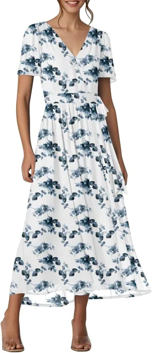 Floral Maxi Dresses for Women 2025 Summer Vacation V Neck Wrap Short Sleeve Dress Flowy Elegant Wedding Guest Dresses