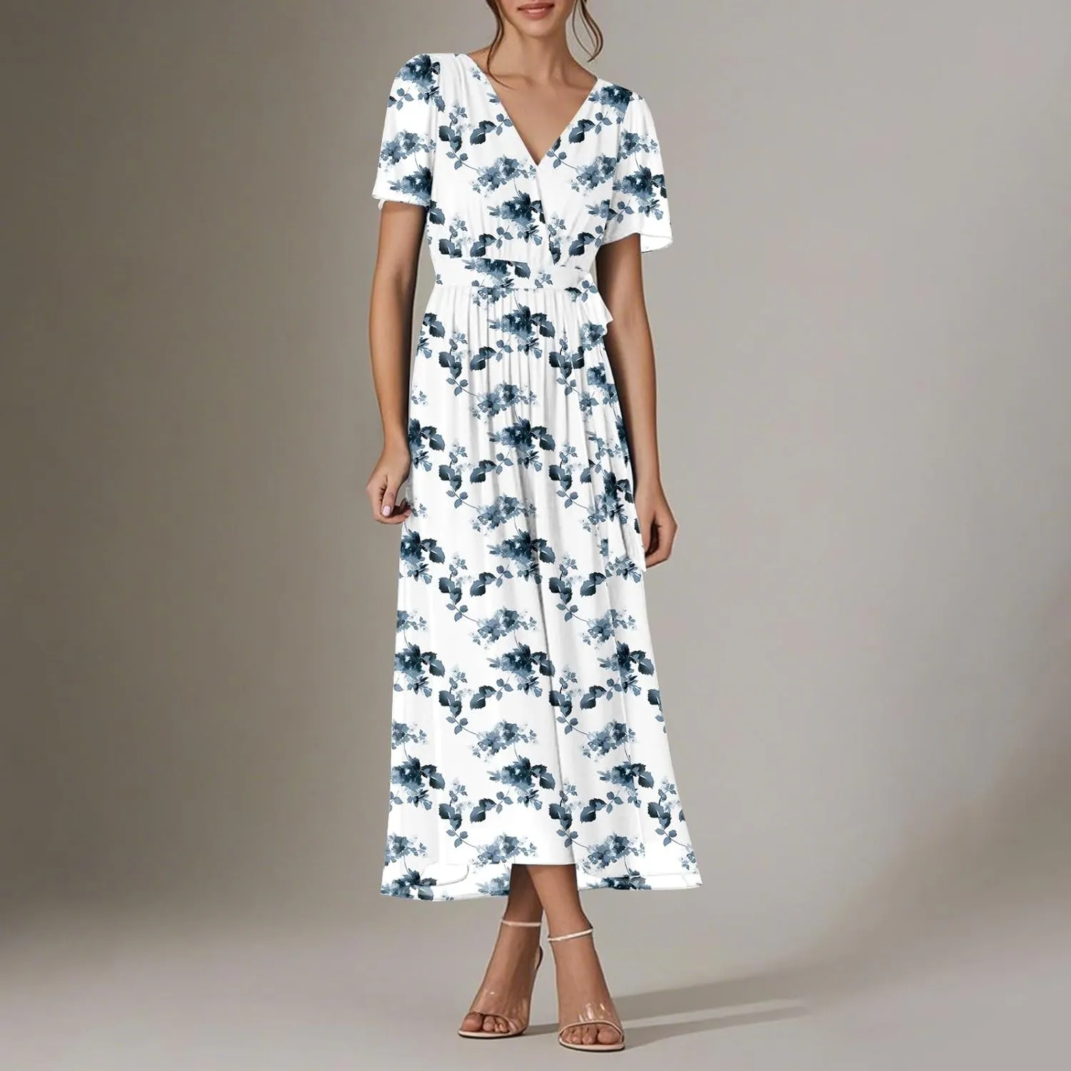 Floral Maxi Dresses for Women 2025 Summer Vacation V Neck Wrap Short Sleeve Dress Flowy Elegant Wedding Guest Dresses