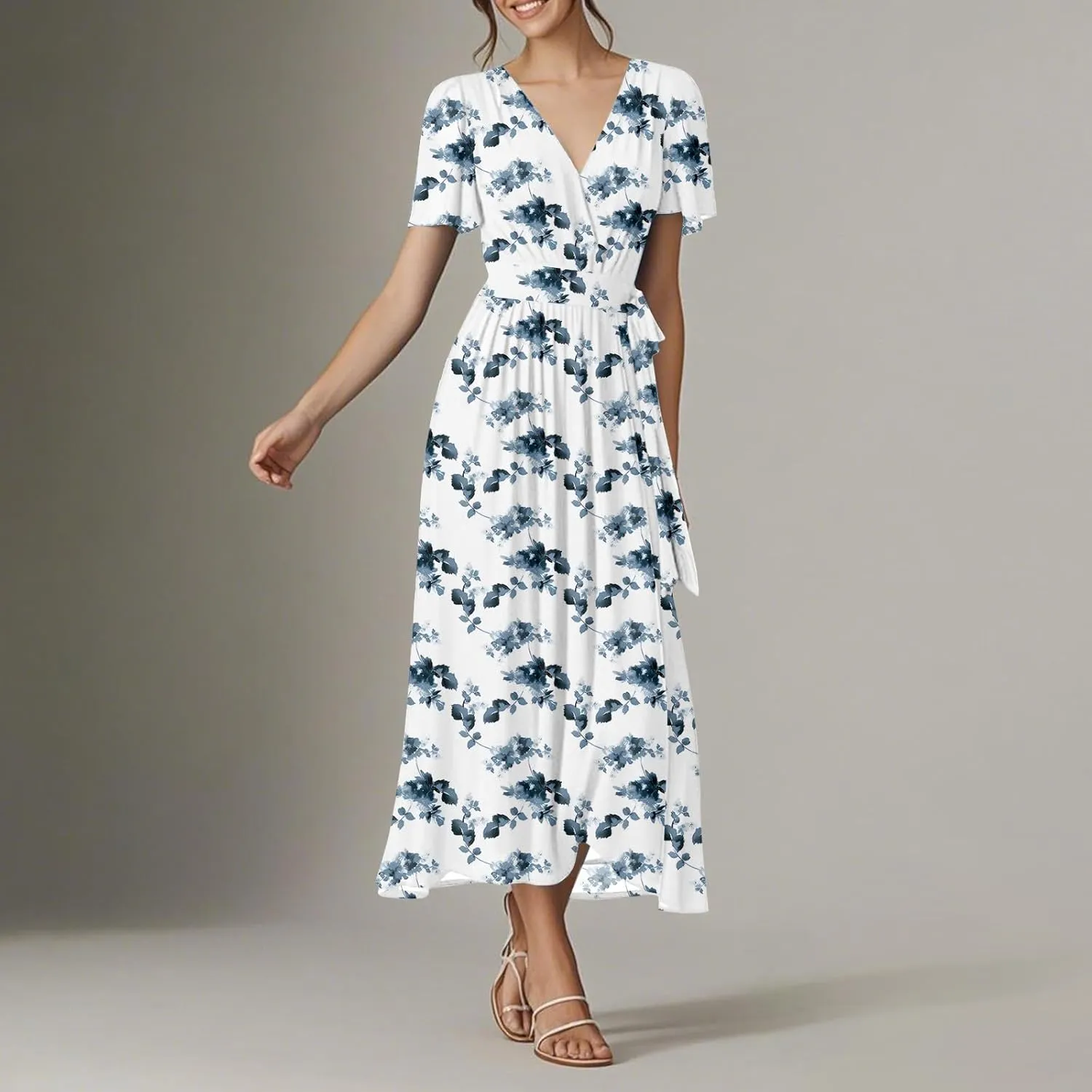 Floral Maxi Dresses for Women 2025 Summer Vacation V Neck Wrap Short Sleeve Dress Flowy Elegant Wedding Guest Dresses