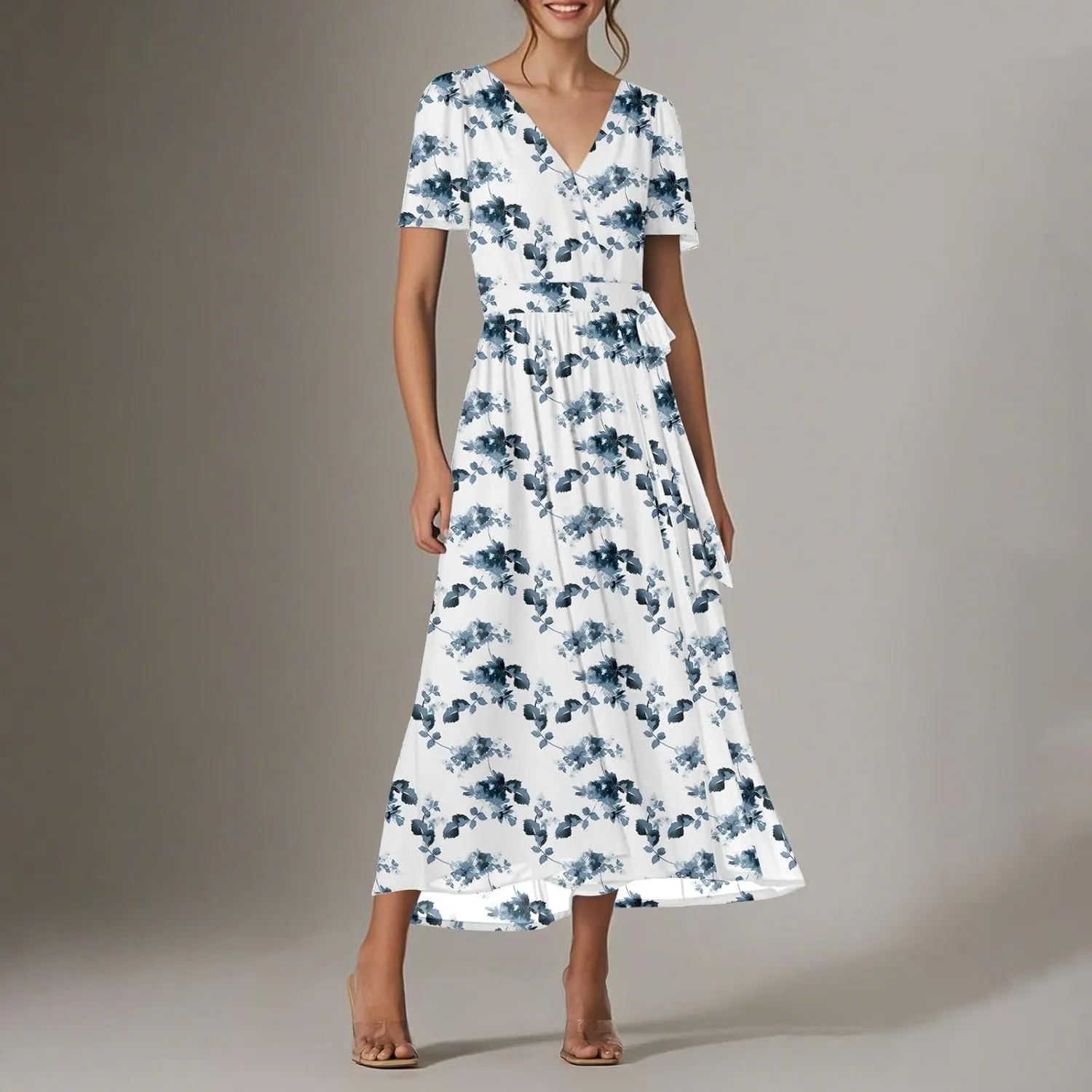 Floral Maxi Dresses for Women 2025 Summer Vacation V Neck Wrap Short Sleeve Dress Flowy Elegant Wedding Guest Dresses