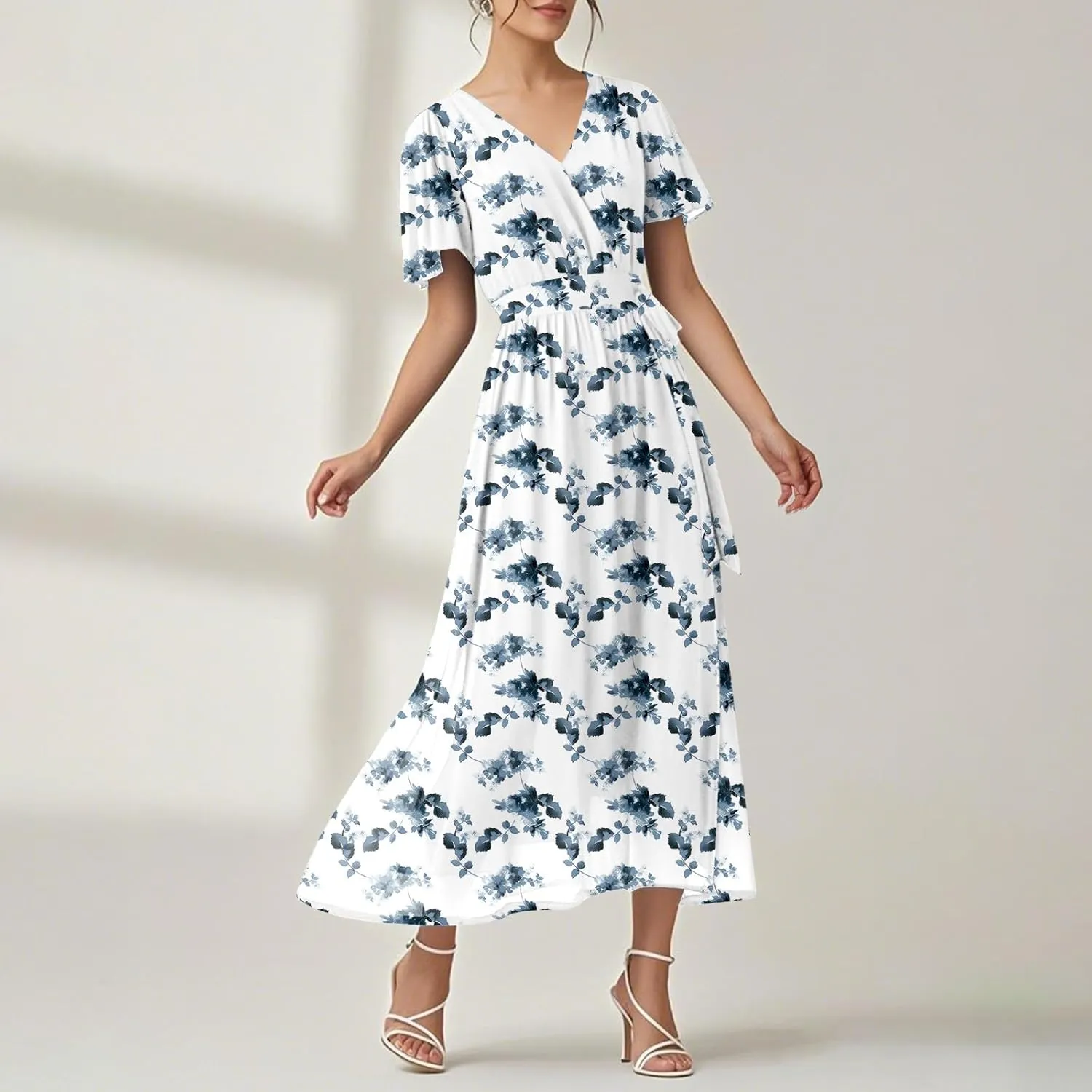 Floral Maxi Dresses for Women 2025 Summer Vacation V Neck Wrap Short Sleeve Dress Flowy Elegant Wedding Guest Dresses