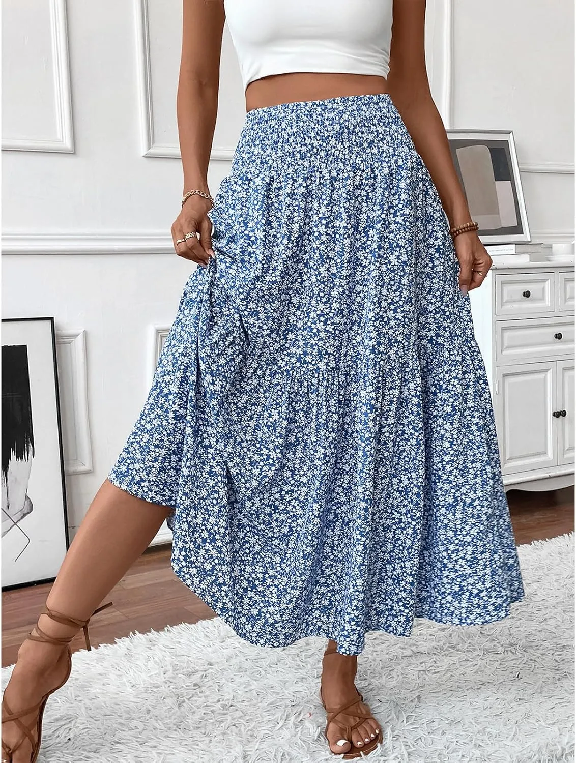 Floral Maxi Skirt for Women Smocked High Waist Skirt A-Line Flowy Ruffle Long Skirts Boho Vacation Long Skirts