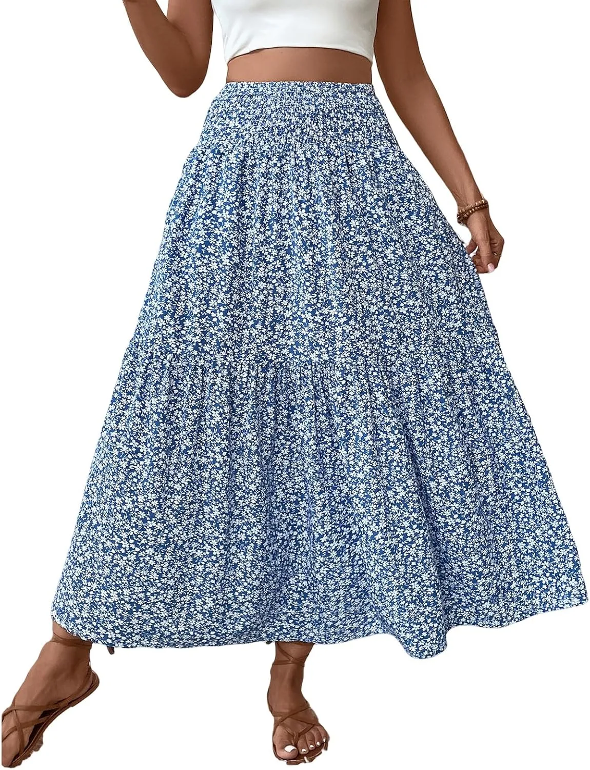 Floral Maxi Skirt for Women Smocked High Waist Skirt A-Line Flowy Ruffle Long Skirts Boho Vacation Long Skirts