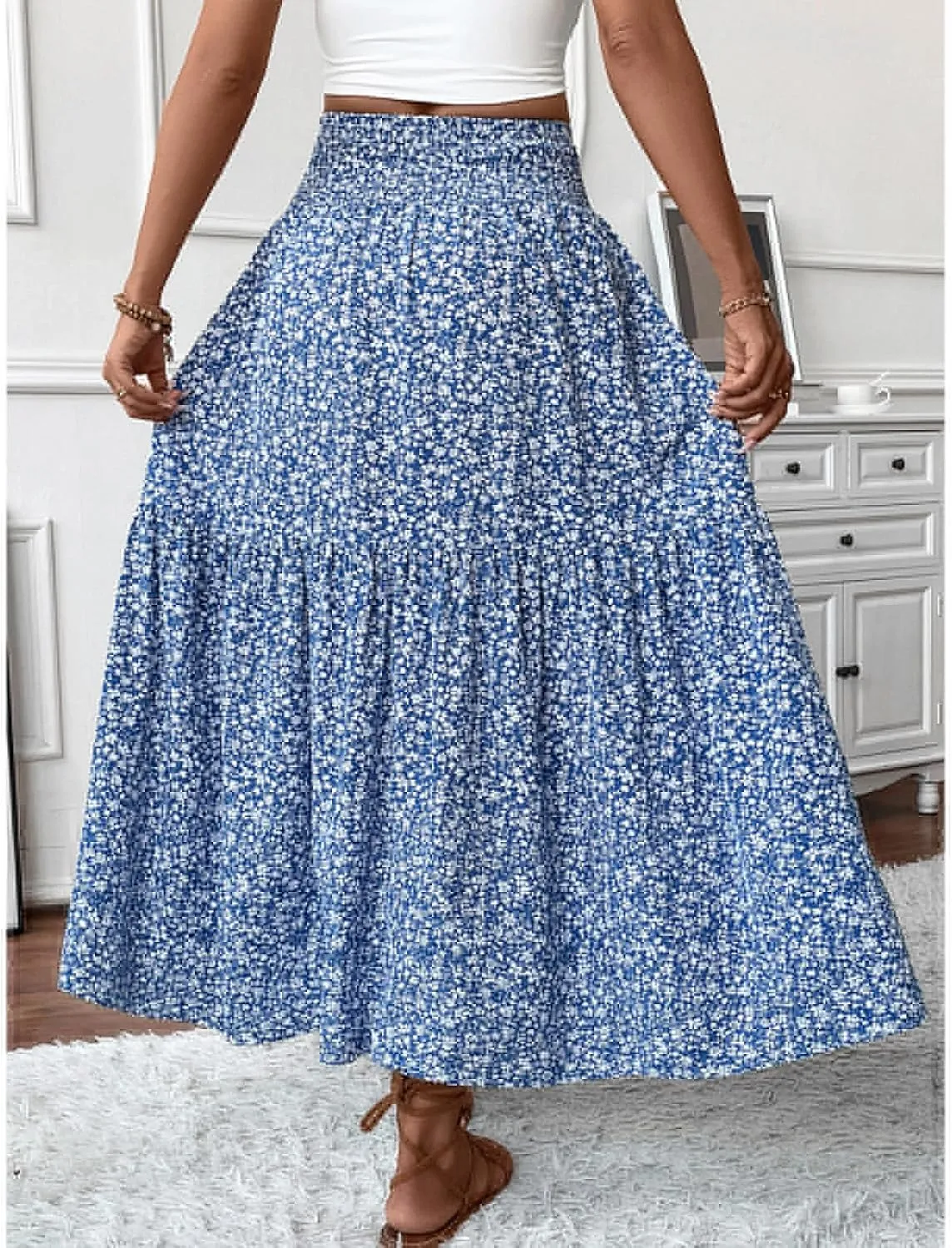 Floral Maxi Skirt for Women Smocked High Waist Skirt A-Line Flowy Ruffle Long Skirts Boho Vacation Long Skirts