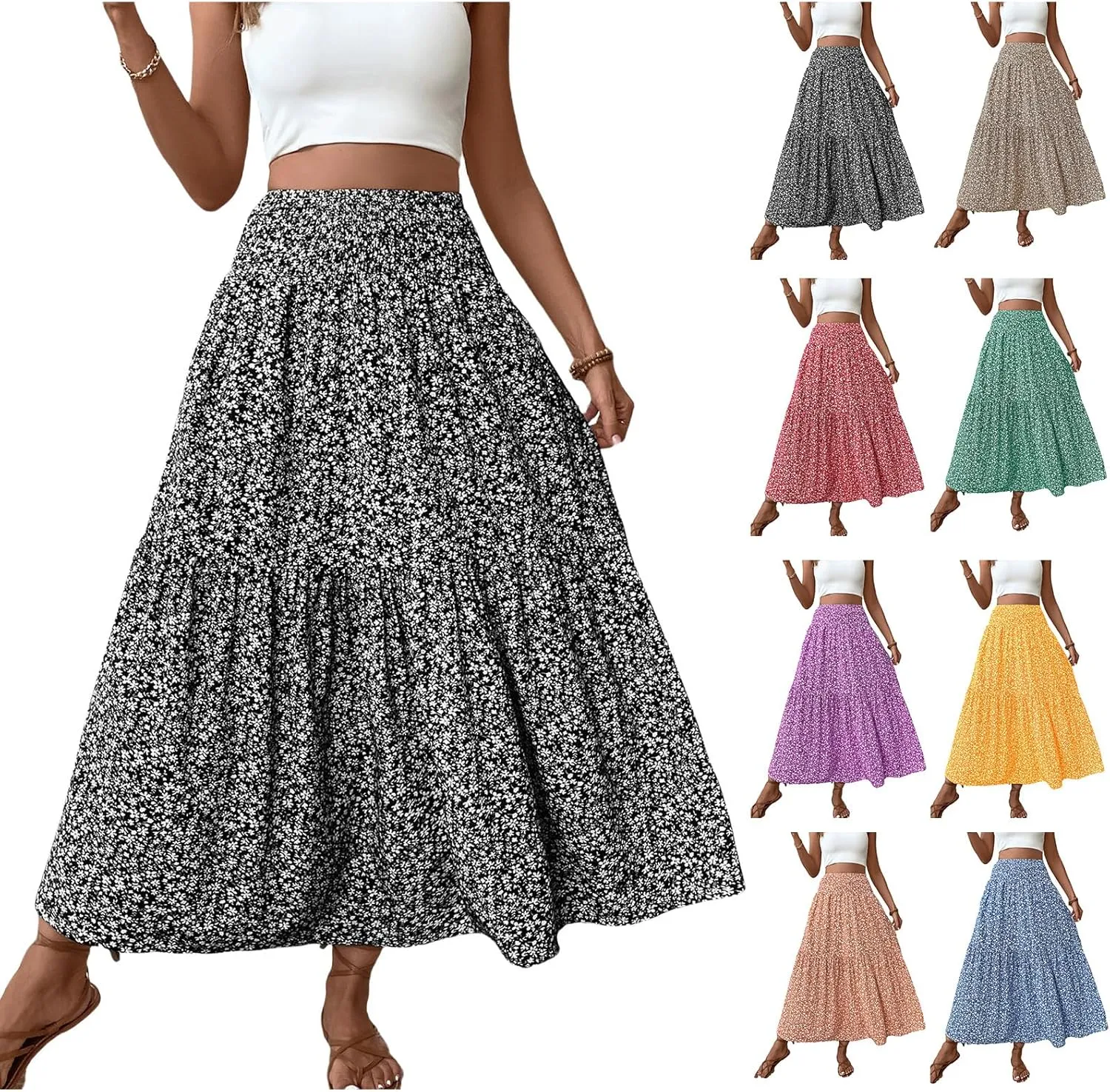 Floral Maxi Skirt for Women Smocked High Waist Skirt A-Line Flowy Ruffle Long Skirts Boho Vacation Long Skirts