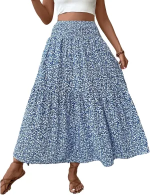 Floral Maxi Skirt for Women Smocked High Waist Skirt A-Line Flowy Ruffle Long Skirts Boho Vacation Long Skirts