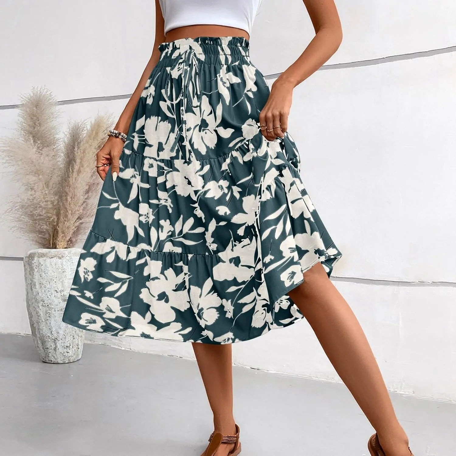 Floral Maxi Skirt for Women Summer Comfy Tiered Elastic High Waisted Midi Skirts A-Line Flowy Swing Long Skirts