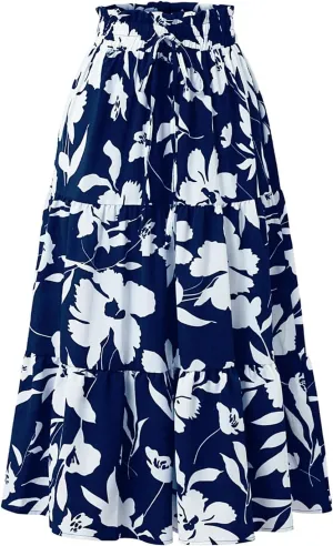 Floral Maxi Skirt for Women Summer Comfy Tiered Elastic High Waisted Midi Skirts A-Line Flowy Swing Long Skirts