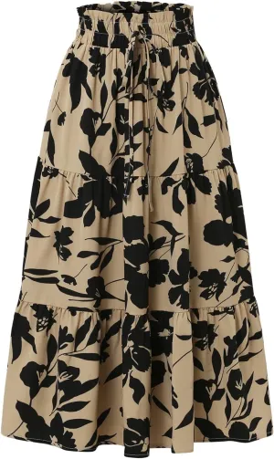 Floral Maxi Skirt for Women Summer Comfy Tiered Elastic High Waisted Midi Skirts A-Line Flowy Swing Long Skirts