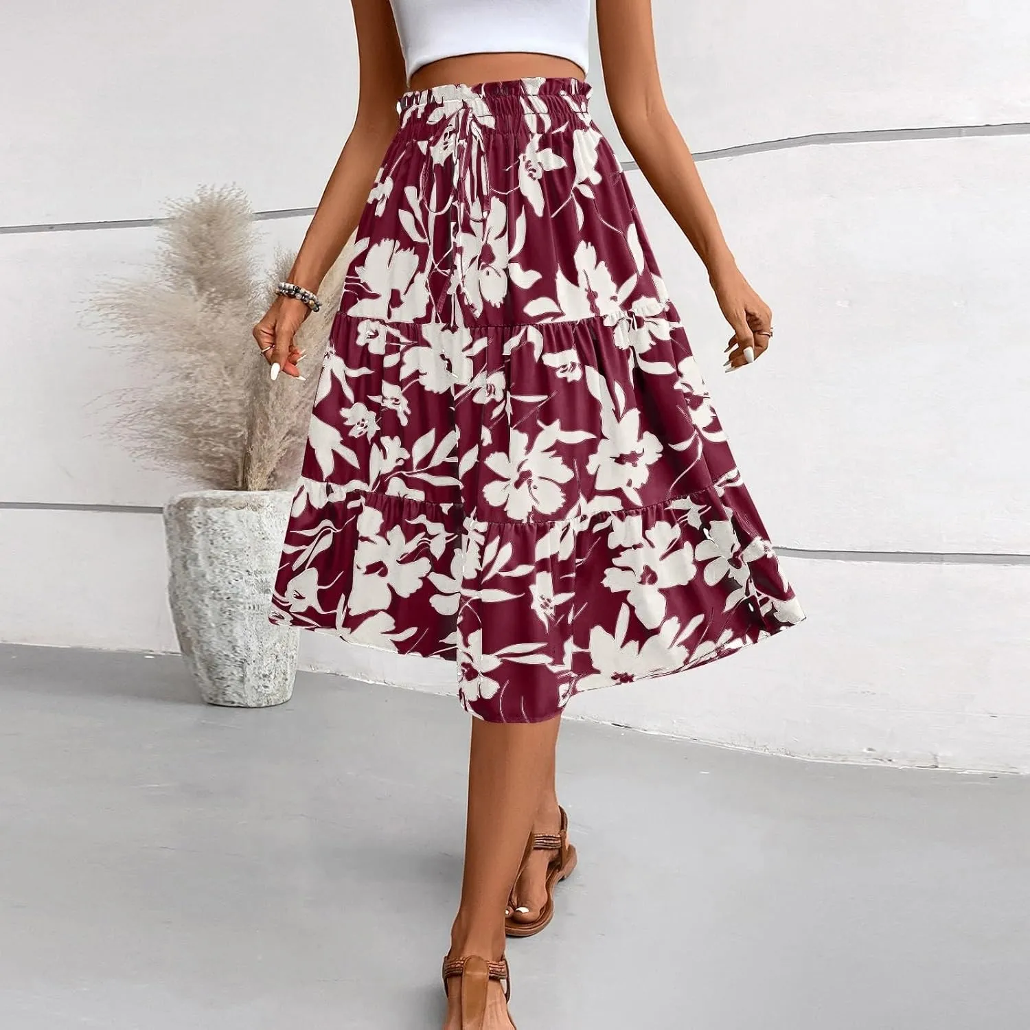 Floral Maxi Skirt for Women Summer Comfy Tiered Elastic High Waisted Midi Skirts A-Line Flowy Swing Long Skirts