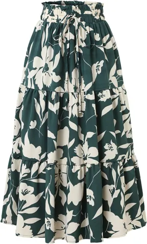 Floral Maxi Skirt for Women Summer Comfy Tiered Elastic High Waisted Midi Skirts A-Line Flowy Swing Long Skirts