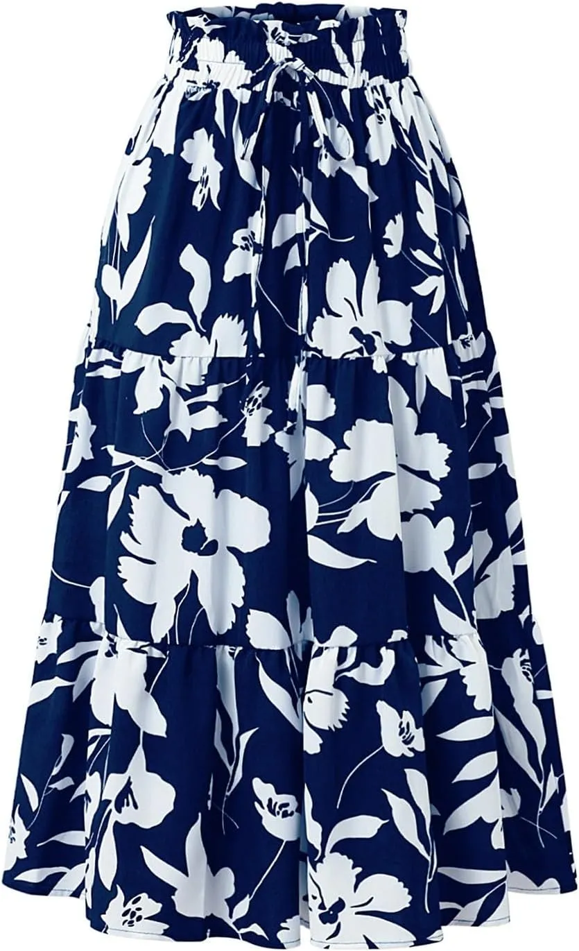 Floral Maxi Skirt for Women Summer Comfy Tiered Elastic High Waisted Midi Skirts A-Line Flowy Swing Long Skirts