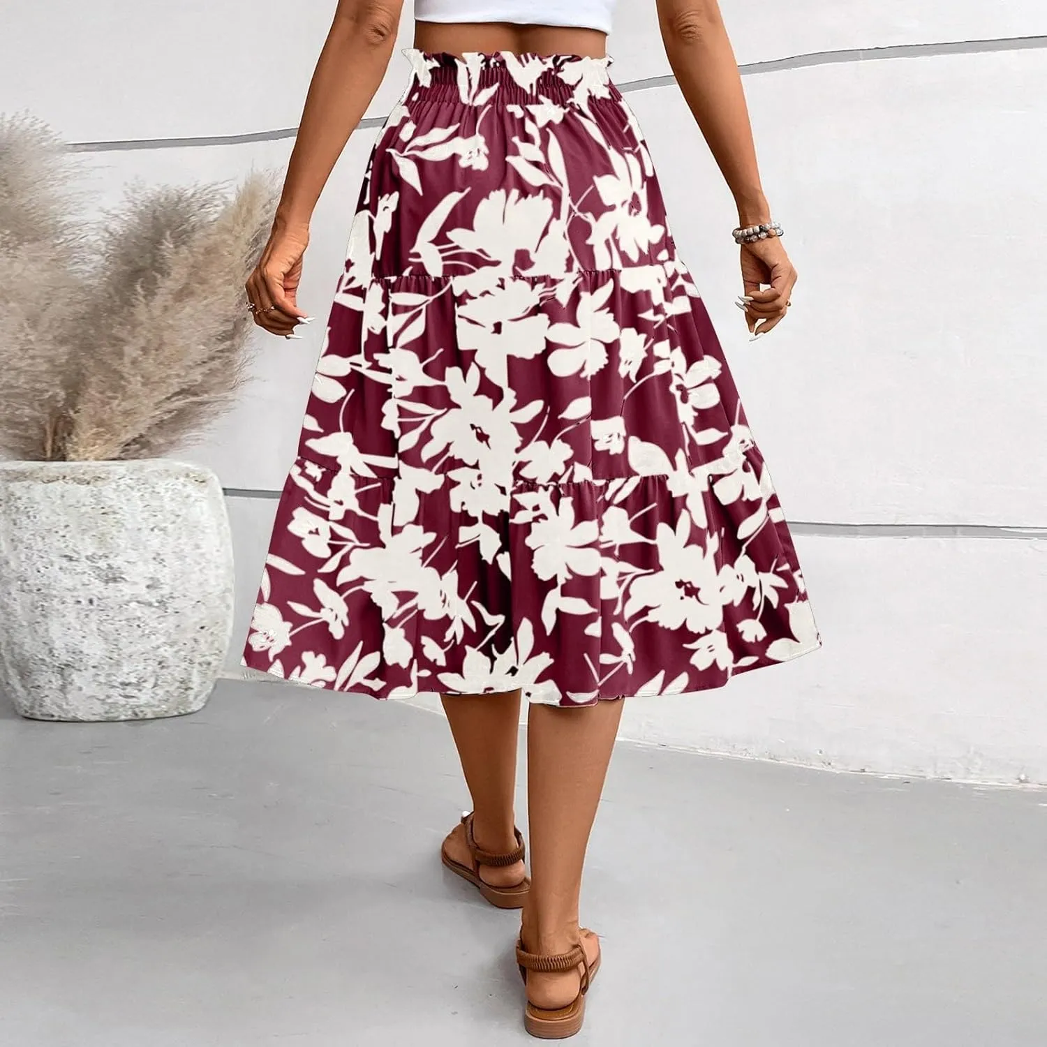 Floral Maxi Skirt for Women Summer Comfy Tiered Elastic High Waisted Midi Skirts A-Line Flowy Swing Long Skirts