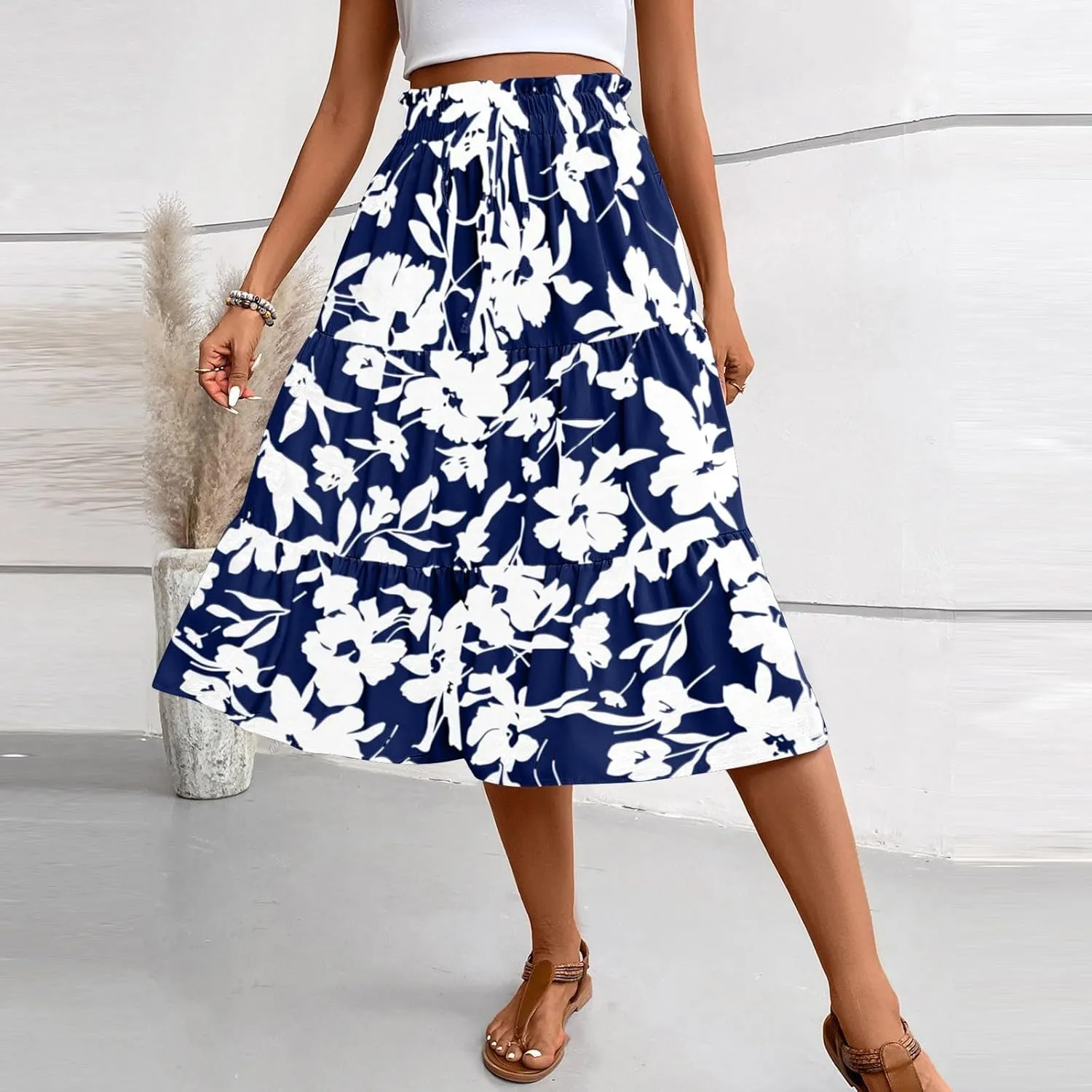 Floral Maxi Skirt for Women Summer Comfy Tiered Elastic High Waisted Midi Skirts A-Line Flowy Swing Long Skirts