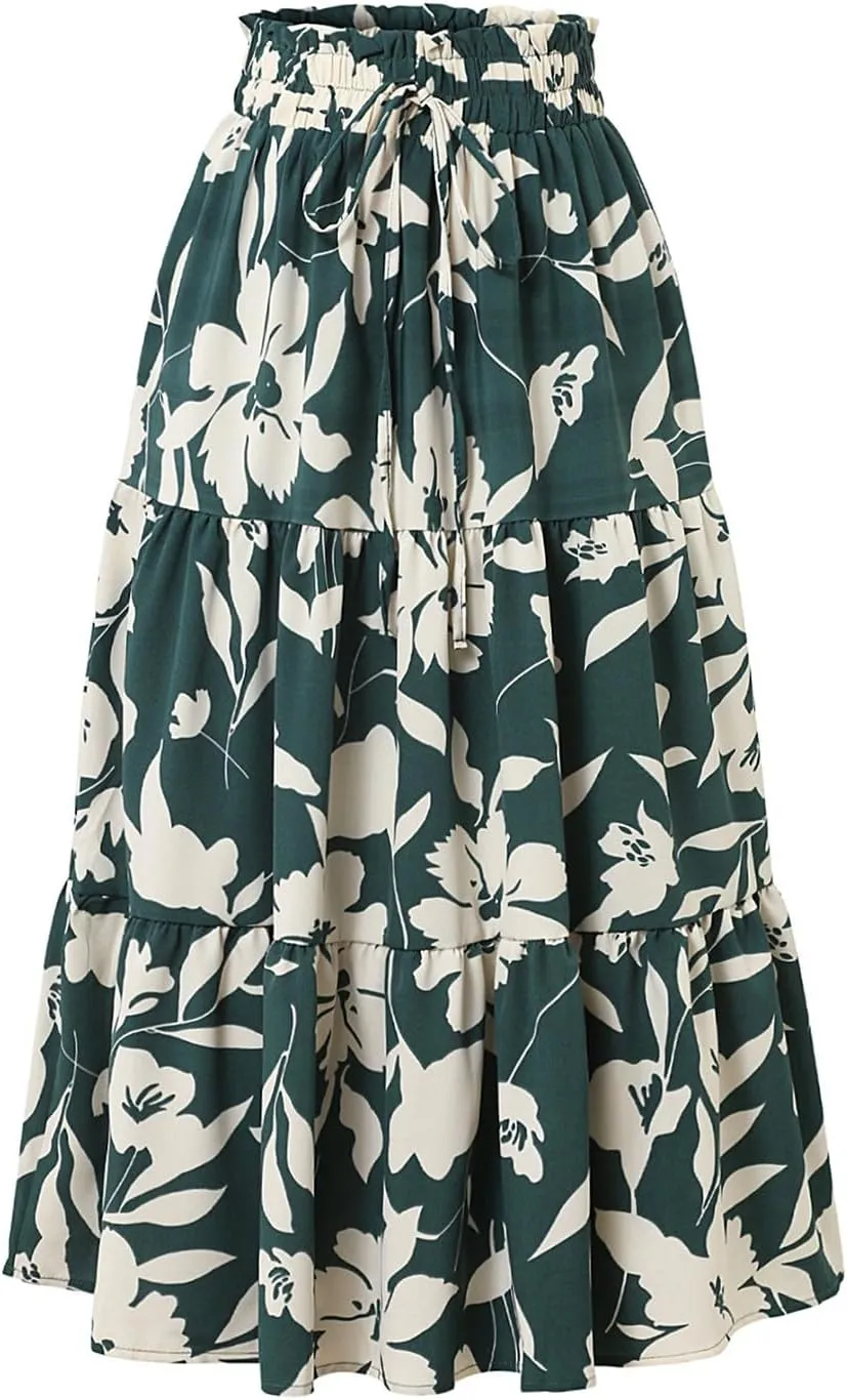 Floral Maxi Skirt for Women Summer Comfy Tiered Elastic High Waisted Midi Skirts A-Line Flowy Swing Long Skirts