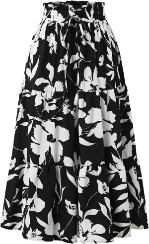 Floral Maxi Skirt for Women Summer Comfy Tiered Elastic High Waisted Midi Skirts A-Line Flowy Swing Long Skirts