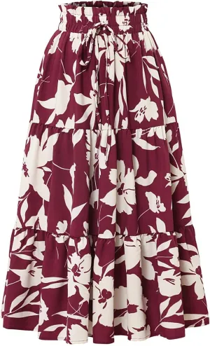 Floral Maxi Skirt for Women Summer Comfy Tiered Elastic High Waisted Midi Skirts A-Line Flowy Swing Long Skirts