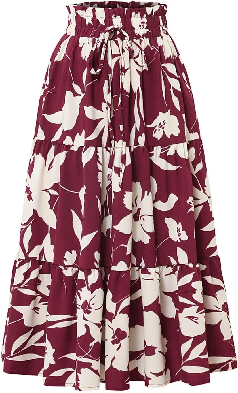 Floral Maxi Skirt for Women Summer Comfy Tiered Elastic High Waisted Midi Skirts A-Line Flowy Swing Long Skirts