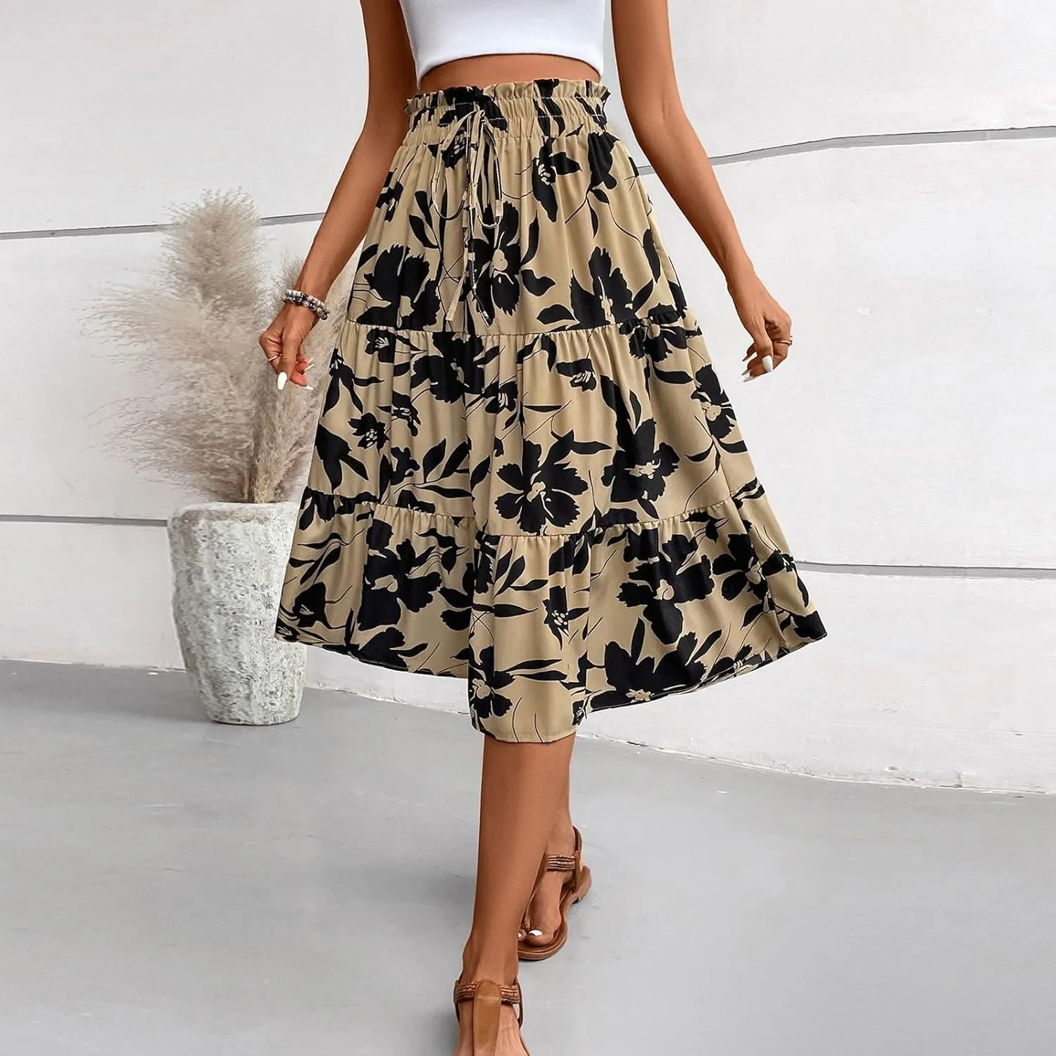 Floral Maxi Skirt for Women Summer Comfy Tiered Elastic High Waisted Midi Skirts A-Line Flowy Swing Long Skirts