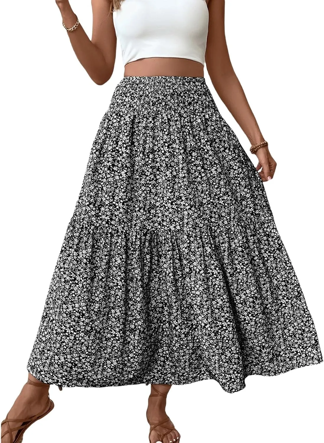 Floral Maxi Skirt for Women Tiered Elastic High Waisted Skirts Casual Summer Vacation A-Line Flowy Swing Long Skirts