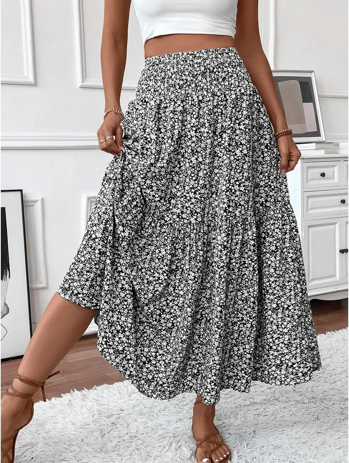 Floral Maxi Skirt for Women Tiered Elastic High Waisted Skirts Casual Summer Vacation A-Line Flowy Swing Long Skirts