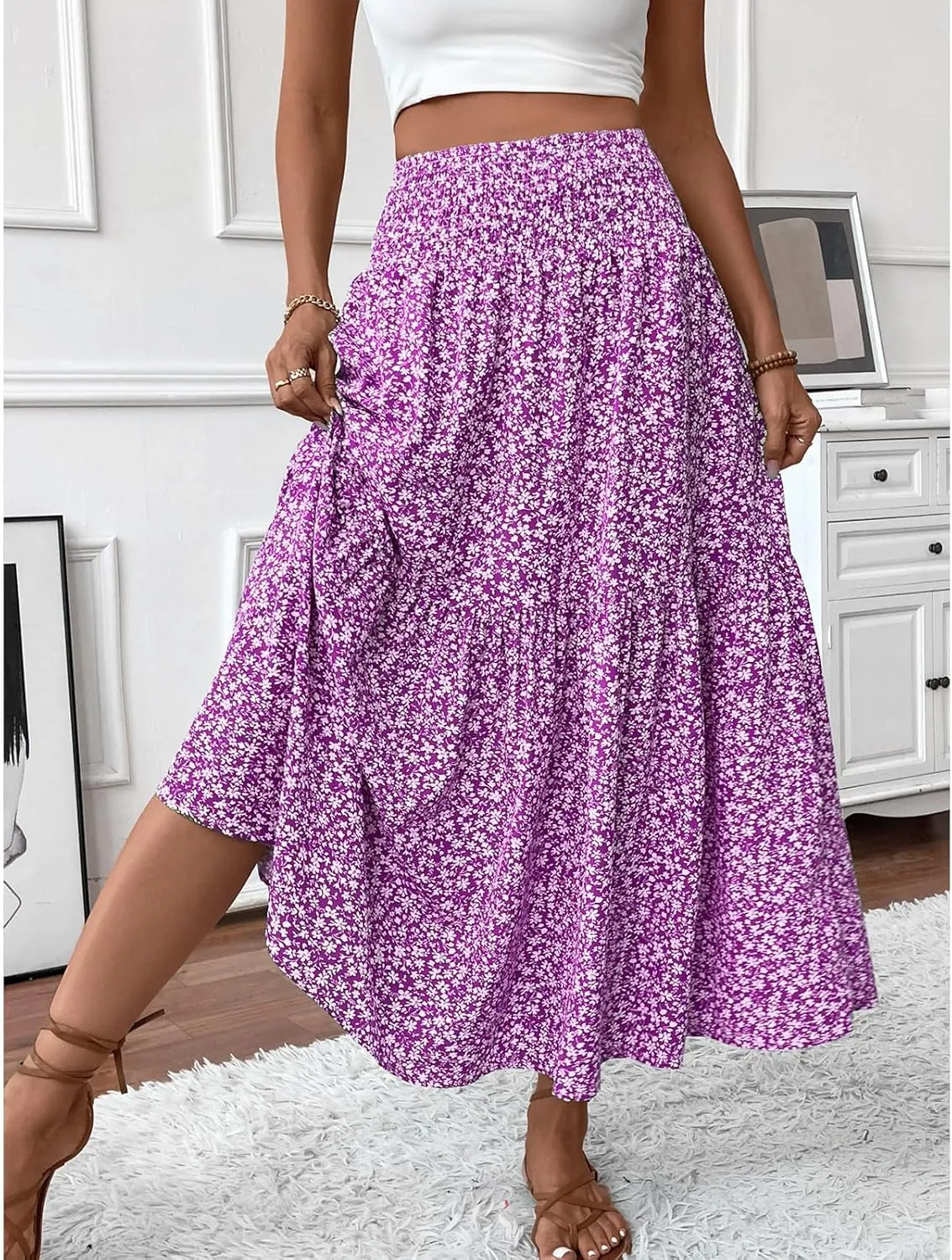 Floral Maxi Skirt for Women Tiered Elastic High Waisted Skirts Casual Summer Vacation A-Line Flowy Swing Long Skirts