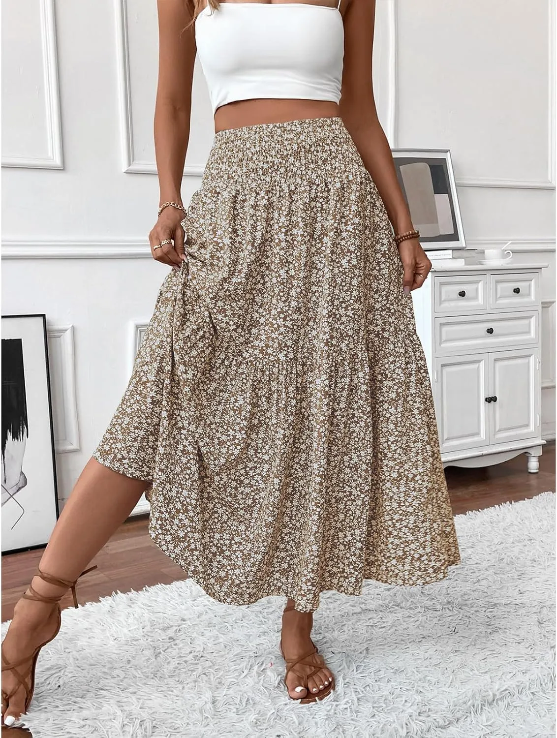 Floral Maxi Skirt for Women Tiered Elastic High Waisted Skirts Casual Summer Vacation A-Line Flowy Swing Long Skirts