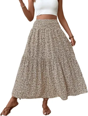 Floral Maxi Skirt for Women Tiered Elastic High Waisted Skirts Casual Summer Vacation A-Line Flowy Swing Long Skirts