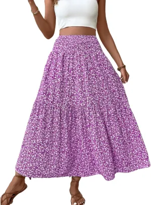 Floral Maxi Skirt for Women Tiered Elastic High Waisted Skirts Casual Summer Vacation A-Line Flowy Swing Long Skirts