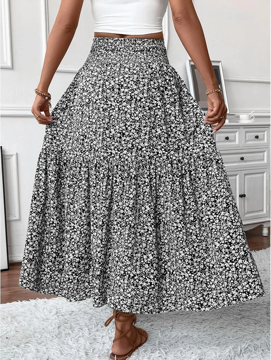 Floral Maxi Skirt for Women Tiered Elastic High Waisted Skirts Casual Summer Vacation A-Line Flowy Swing Long Skirts